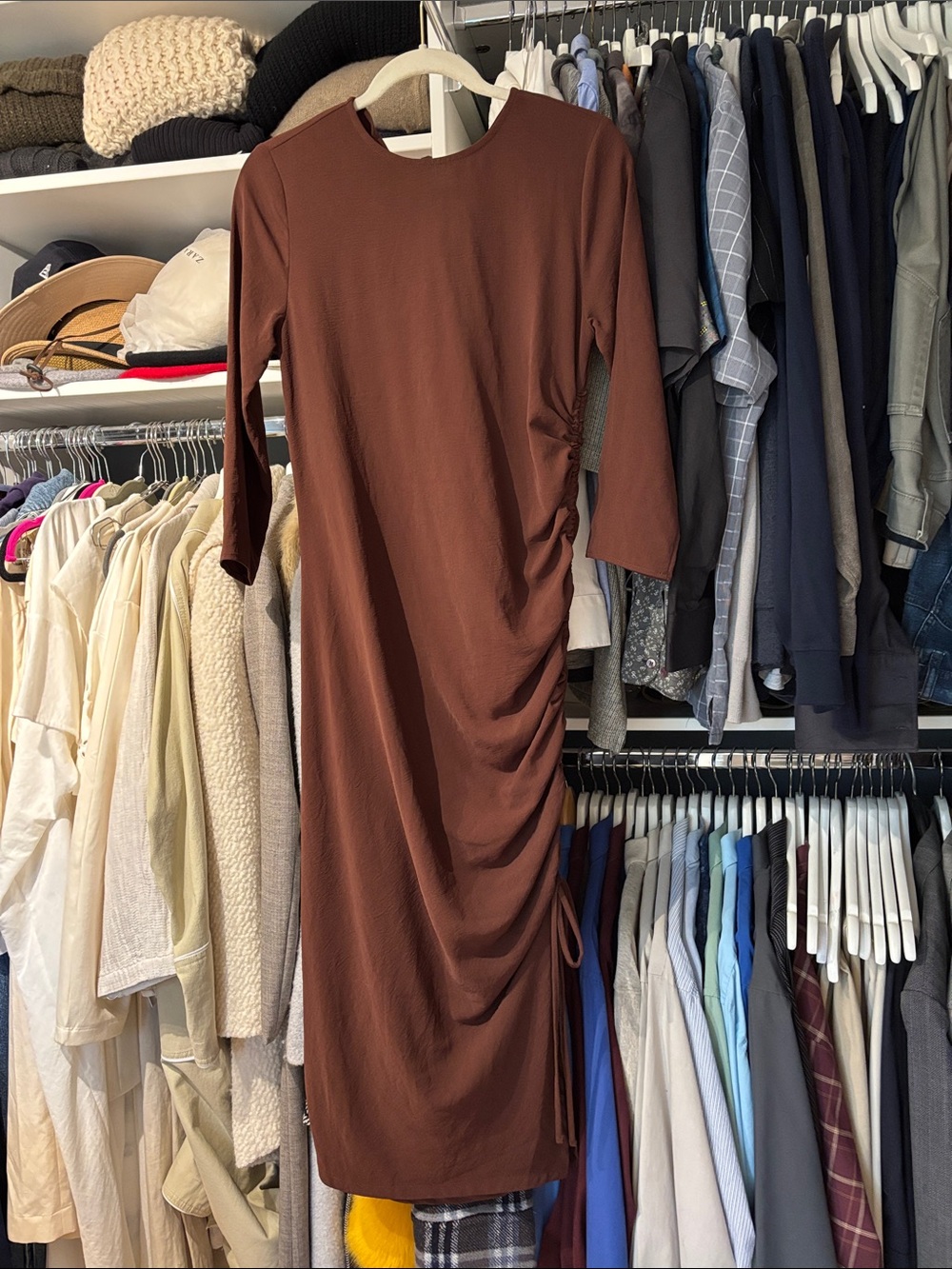 Brown Ruched Long-Sleeve Midi Dress